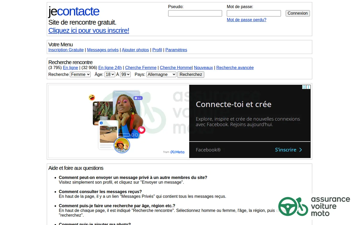 Capture : JeContacte: Aide et foire aux questions demandées sur JeContacte.com